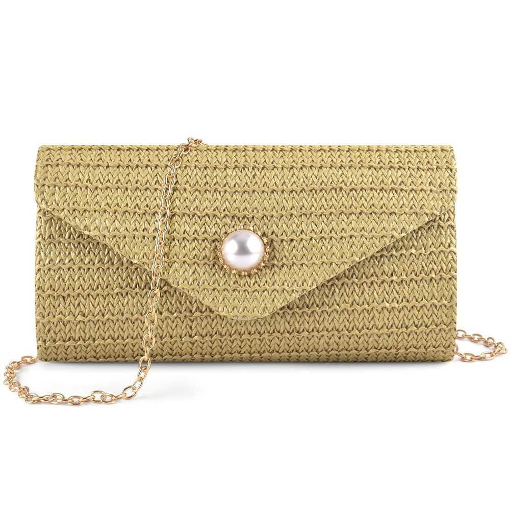 Pearl Decor Straw Clutch for Party